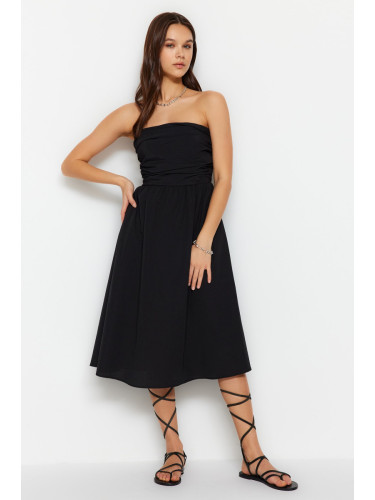 Trendyol Black A-Cut Ribbed Detailed Poplin Woven Dress