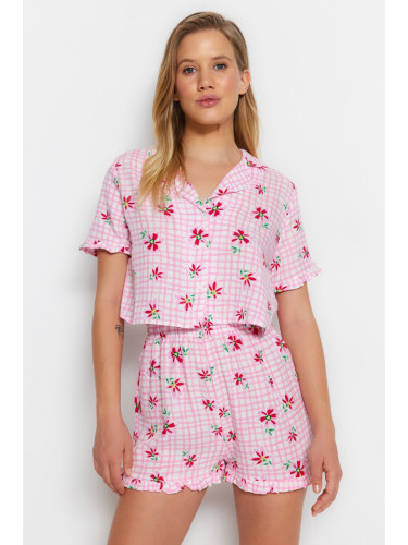 Trendyol Pink Floral Frilled Viscose Shorts Woven Pajama Set