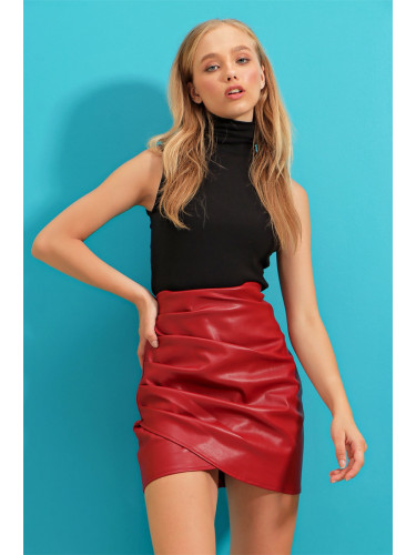 Trend Alaçatı Stili Women's Red Draped Leather Skirt