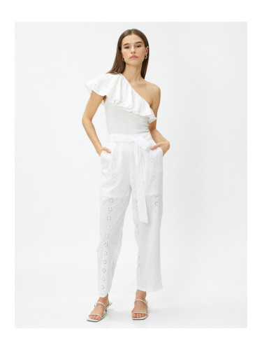 Koton Crop Embroidery Trousers with Belt Detail