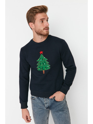 Trendyol Navy Regular/Regular Fit Christmas Printed Fleece Long Sleeve Sweatshirt