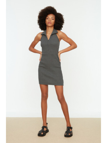 Trendyol Anthracite Fitted Polo Neck Mini Ribbed Stretchy Knitted Pencil Dress