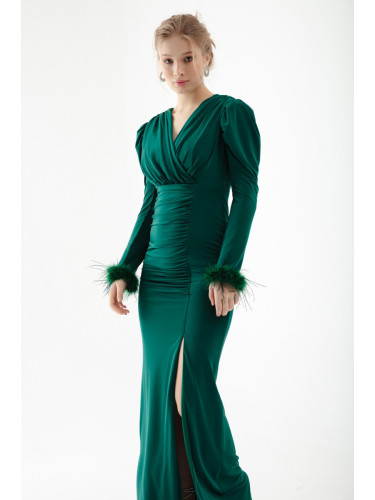 Lafaba Women's Emerald Green Double Breasted Neck Sleeves Feather Slit Evening Dress