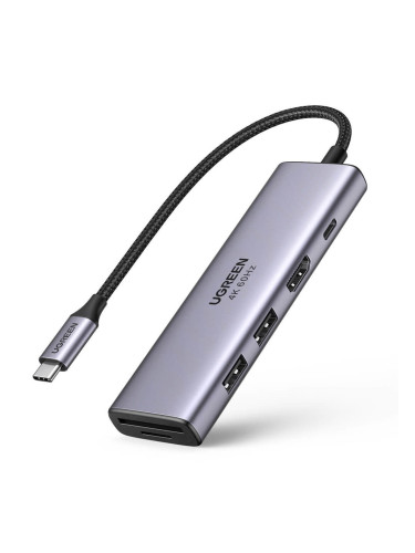 Докинг станция Ugreen, 6-in-1 USB-C Hub 4K 60Hz, от USB C към 1x USB C(PD), 2x USB A, 1x HDMI, 1x SD/MicroSD четец на карти, тъмносив