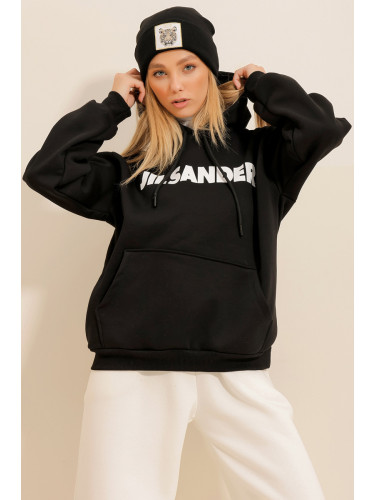 Trend Alaçatı Stili Women's Black Hooded Kangaroo Pocket 3 Thread Inner Raising Front Printed Oversize Sweatshirt