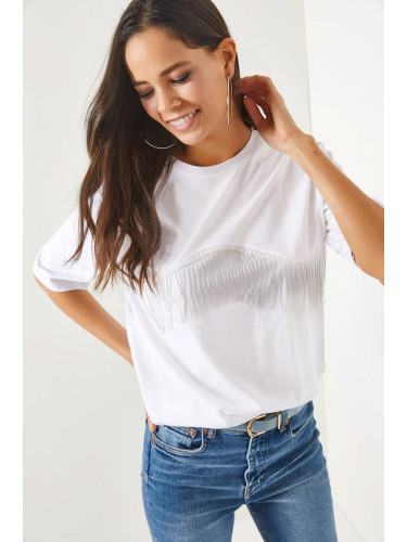 Olalook Women's White Chain Garnish Oversize T-Shirt