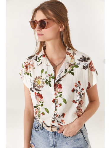 Olalook Women's Ecru Floral Bat Viscose Shirt