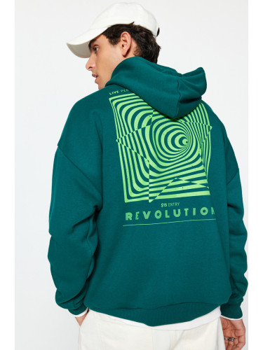 Trendyol Dark Green Oversize/Wide Cut Labyrinth Printed Cotton Sweatshirt with Fleece Inside