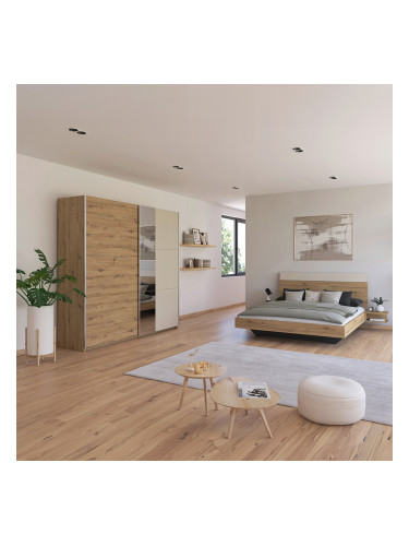 СПАЛЕН КОМПЛЕКТ МОНЦА С ЛЕГЛО С 2 НОЩНИ ШКАФЧЕТА 235/208/99h И ГАРДЕРОБ С ОГЛЕДАЛО 218/59/210h В ДЪБ АРТИЗАН И ШАМПАНСКО