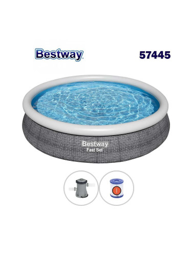 Басейн с надуваем ринг, семеен, сив ратан, 366x76 см, Bestway 57445 Fast Set, с филтърна помпа