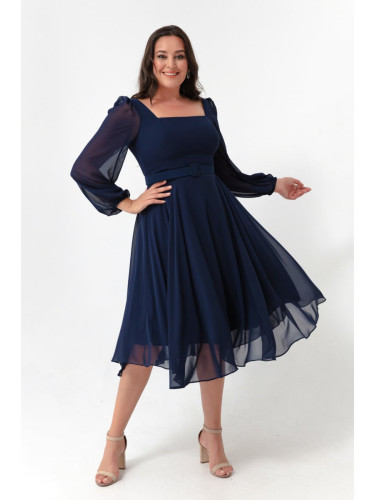Lafaba Women's Navy Blue Square Collar With Belt, Midi Chiffon Plus Size Evening Dress.