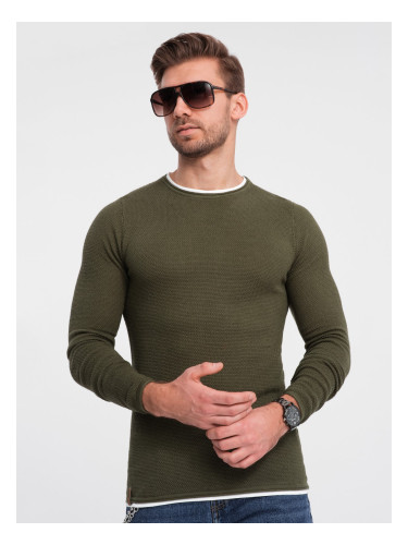 Ombre Men's cotton sweater with round neckline - dark olive