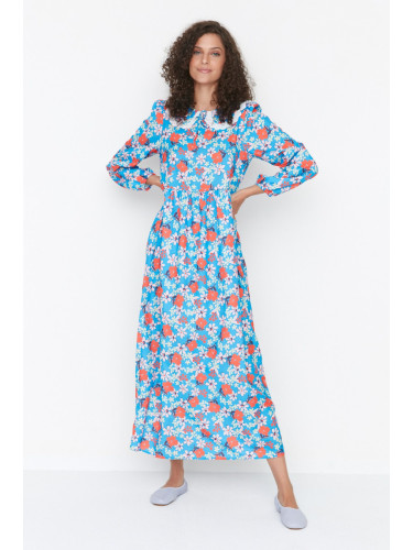 Trendyol Blue Baby Collar Floral Pattern Woven Dress