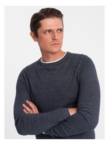 Ombre Men's cotton sweater with round neckline - navy blue melange