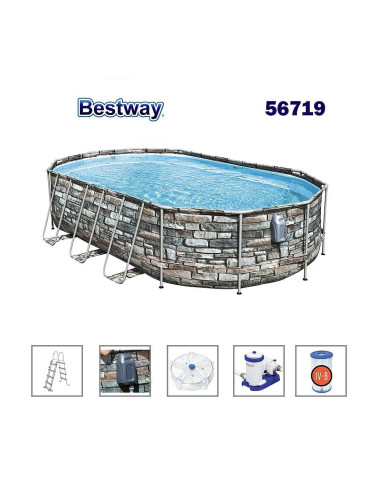 Басейн с метална конструкция, сглобяем, овален, 610x366x122см, Bestway 56719 Power Steel, с филтърна помпа, стълба, скимер