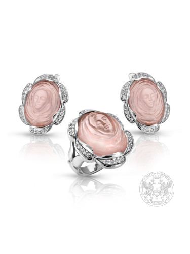 Комплект обеци и пръстен в бяло злато, розов кварц и диаманти  BR8304 - Уникат