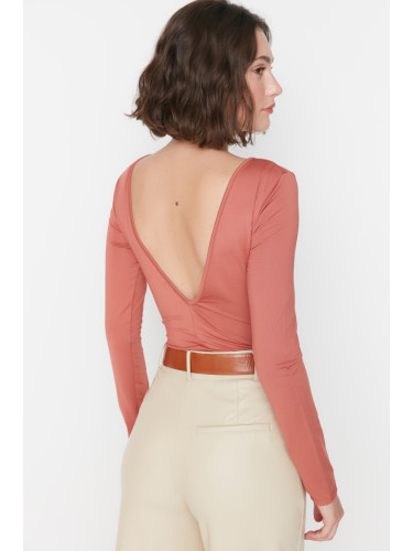 Trendyol Cinnamon Crew Neck Decollete Long Sleeve Elastic Snap Snap Knitted Body