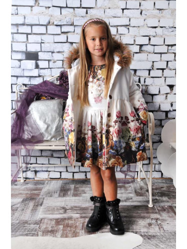Комплект от детска рокля на цветя с палто с качулка в еднакъв десен В