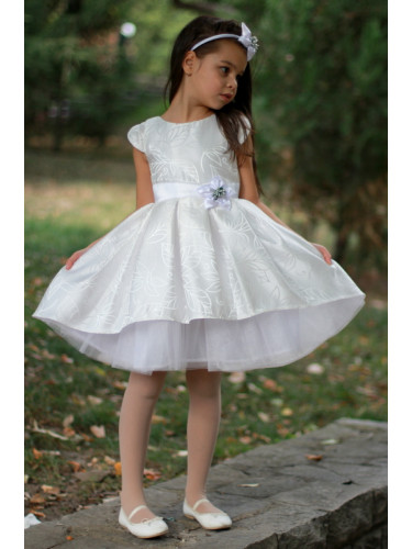 Официална детска рокля в бяло с къс ръкав и тюл Клариса