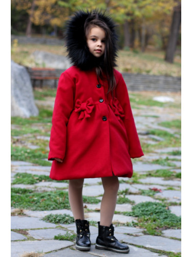 Зимно палто в тъмночервено с качулка 