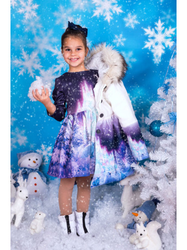 Комплект от детска рокля с дълъг ръкав с палто с качулка с бели мечета
