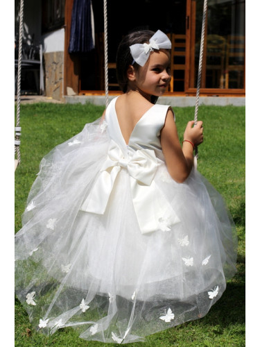 Официална/шаферска детска рокля Блага в екрю с тюл и шлейф с 3D пеперу