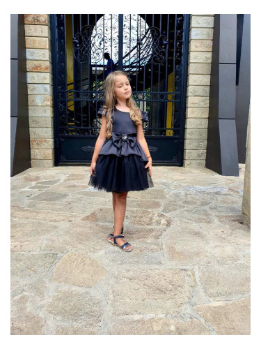 Официална детска рокля в черно с тюл и сатен с къс ръкав Надежда