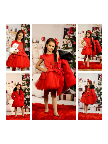 Официална детска рокля в червено с тюл и палто с качулка