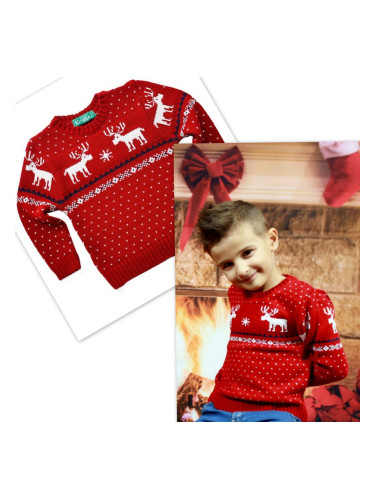 Плетен коледен пуловер в червено с еленчета