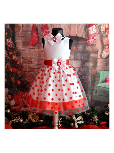 Официална детска рокля в бяло с тюл на червени точки