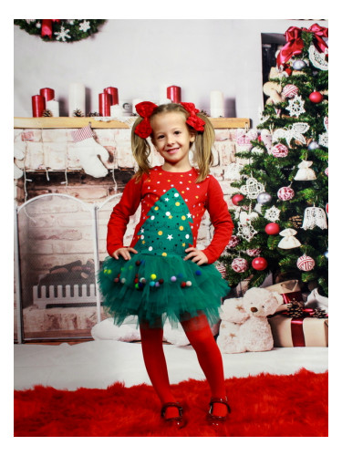 Коледна ватирана детска/бебешка рокля Елхичка с тюл в зелено