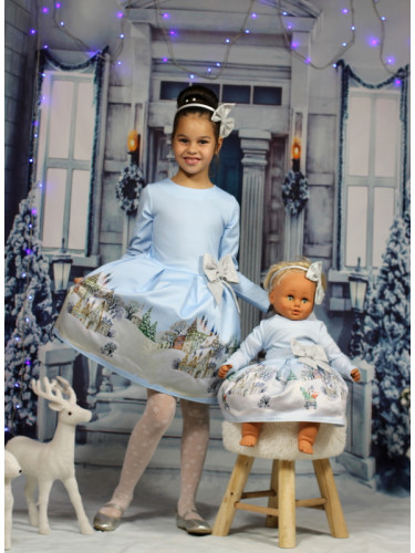 Официална детска рокля с дълъг ръкав в светлосиньо със зимна картинка 