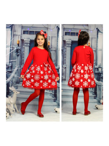 Ватирана детска коледна рокля с дълъг ръкав в червено със снежинки в б