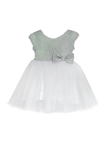 Детска официална рокля с тюл в бяло и сребристо с къс ръкав