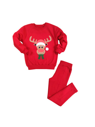 Ватиран коледен детски комплект с клин в червено с еленче 83554223