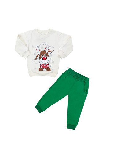 Ватиран коледен детски комплект в бяло и зелено с елен 745743