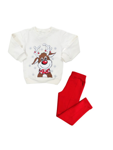 Ватиран коледен детски комплект в бяло и червено с еленче и клин с ръб