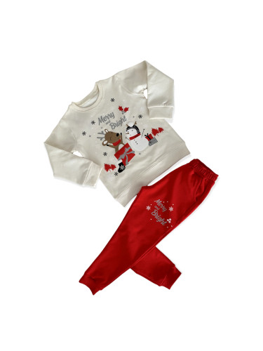 Детски коледен комплект от блузка с елен в бяло и панталонки в червено