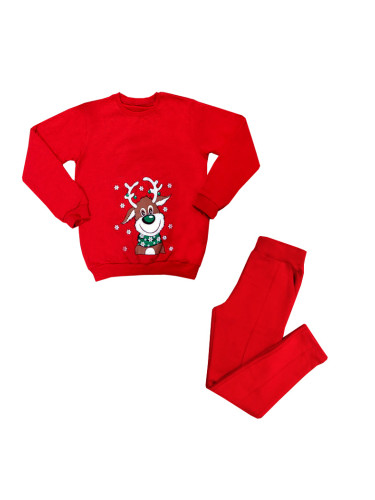 Ватиран коледен комплект с клин в червено с блуза в червено с елен