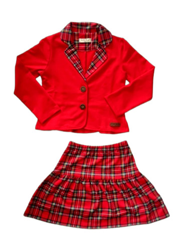Детски комплект за момиче от пола и сако в червено каре