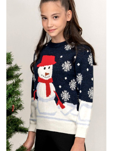 Детски коледен пуловер в тъмносиньо и бяло за момиче 237635
