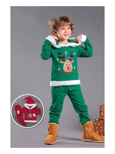 Коледен комплект в зелено с еленче и с качулка