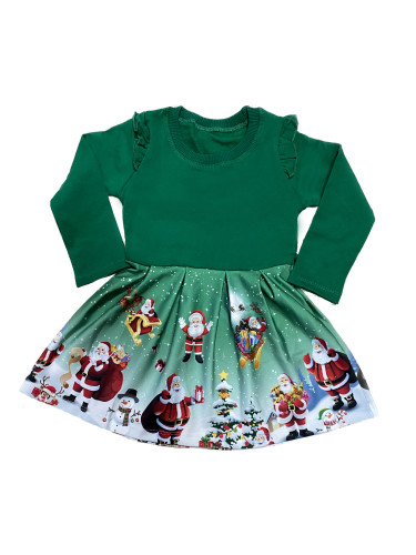 Детска коледна рокля с дядо Коледа с дълъг ръкав в зелено