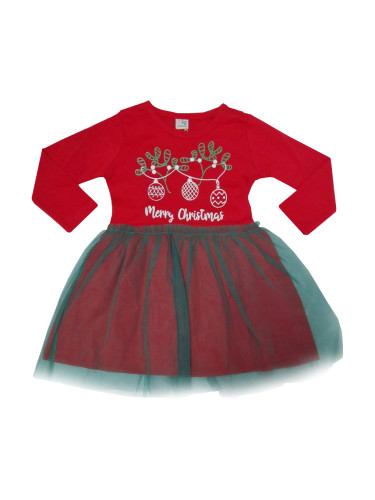 Коледна детска рокля с дълъг ръкав в червено със зелен тюл