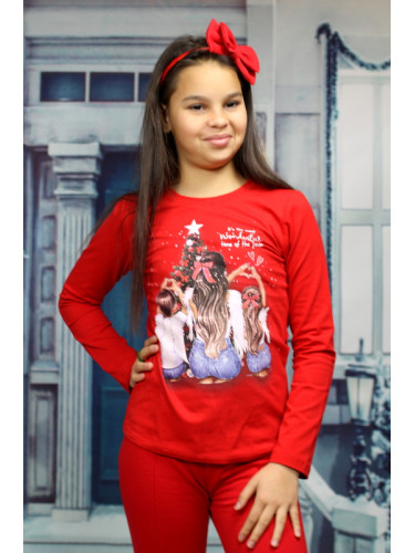 Коледна детска блуза с дълъг ръкав в червено с коледни мотиви