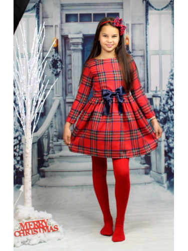 Детска рокля каре в червено с дълъг ръкав с панделка 7766756