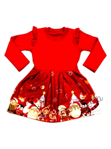 Детска коледна рокля с дядо Коледа и снежинки с дълъг ръкав в червено