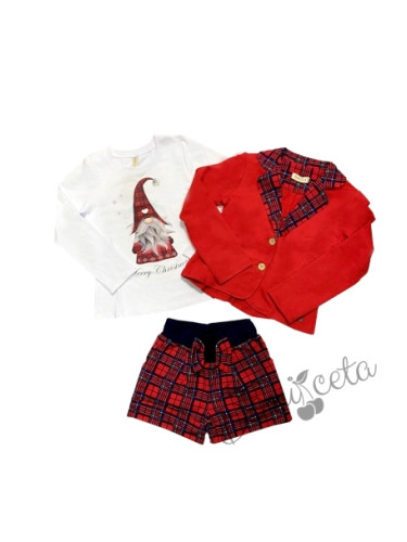 Детски комплект за момиче от къси панталонки, сако в червено с каре и 