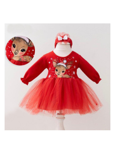 Бебешка коледна рокля с еленче и дълъг ръкав в червено с тюл и лента з