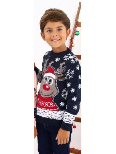 Детски коледен пуловер в тъмносиньо с коледни мотиви и еленче с шапка 